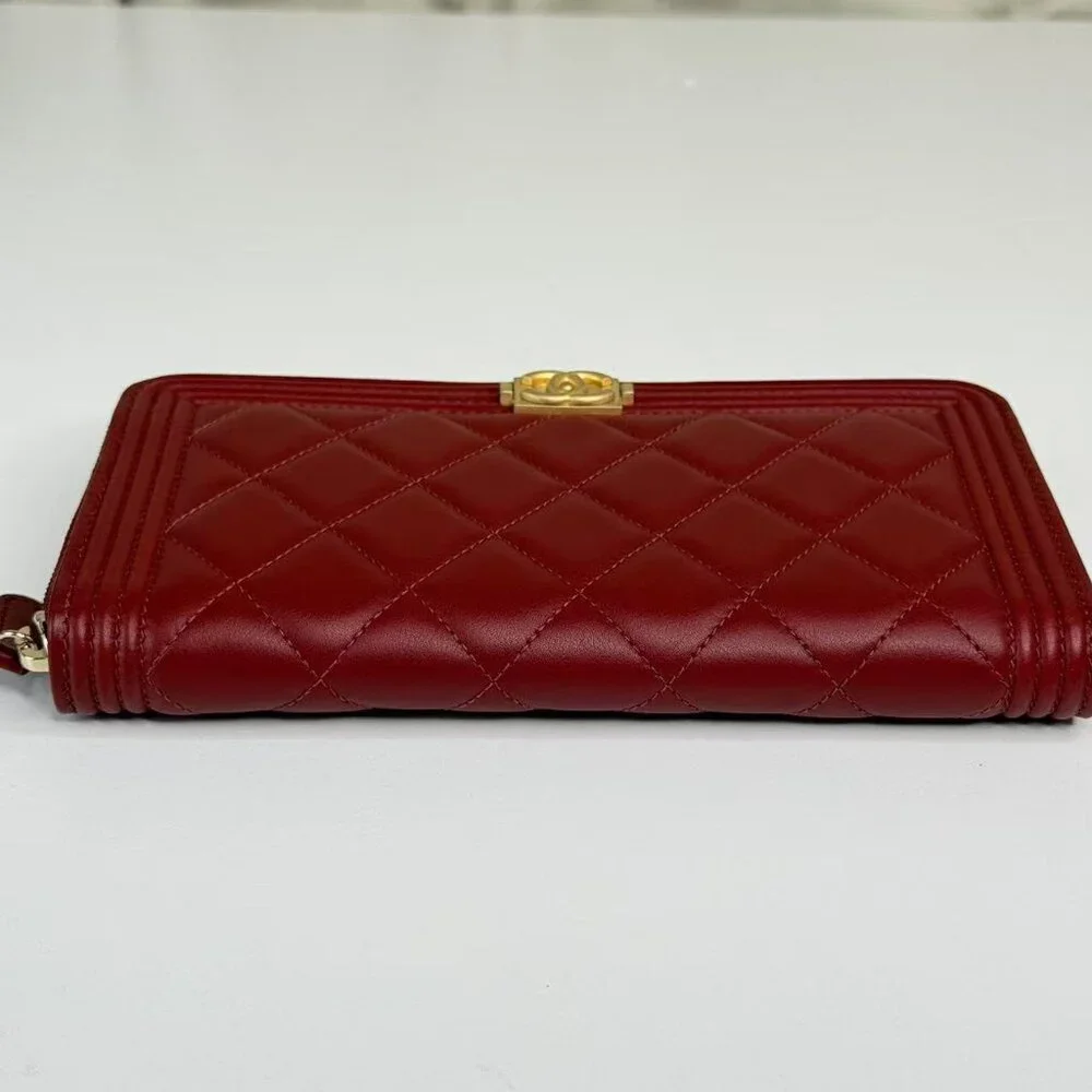 Chanel Dark Red Boy Wallet with Box Quilted Design & Gold Hardware